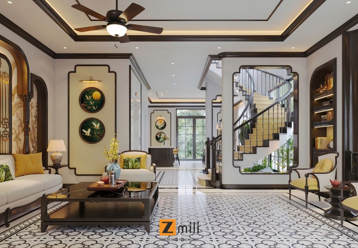 Không gian khách bếp biệt thự được kết nối liền mạch thông thoáng