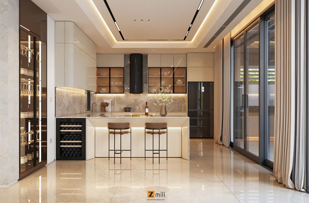 Nội thất phòng bếp được bố trí gọn gàng dễ sử dụng