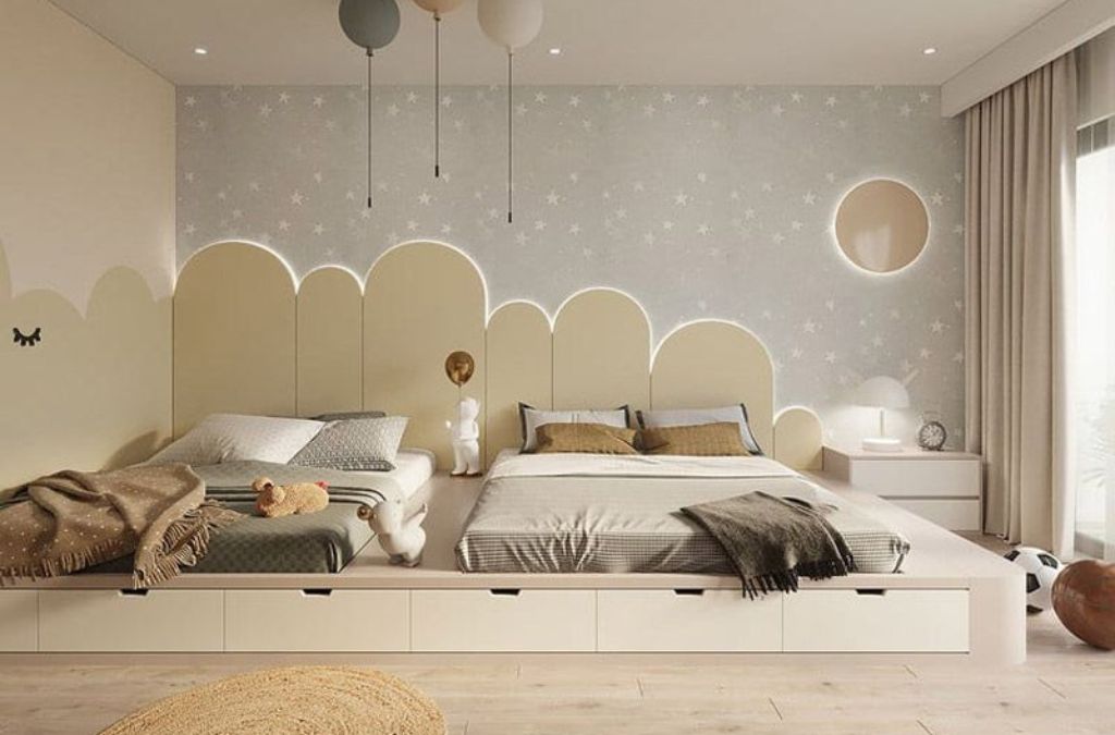 Mẫu thiết kế giường thông minh tích hợp tủ quần áo cho 2 bé trai
