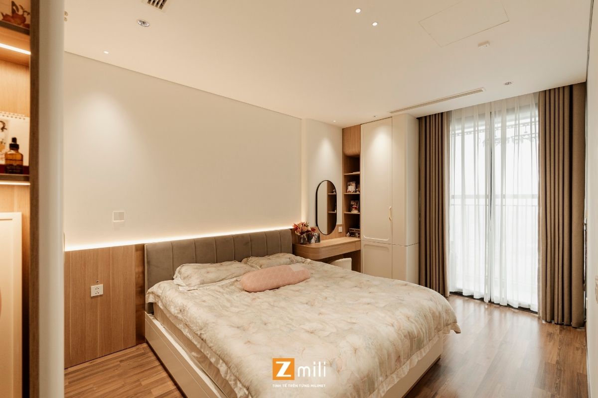 Mẫu phòng ngủ căn hộ 77m2 với phong cách hiện đại, tối giản