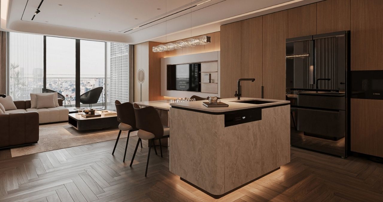 Mẫu không gian khách bếp phong cách Modern Luxury đẹp, sang trọng