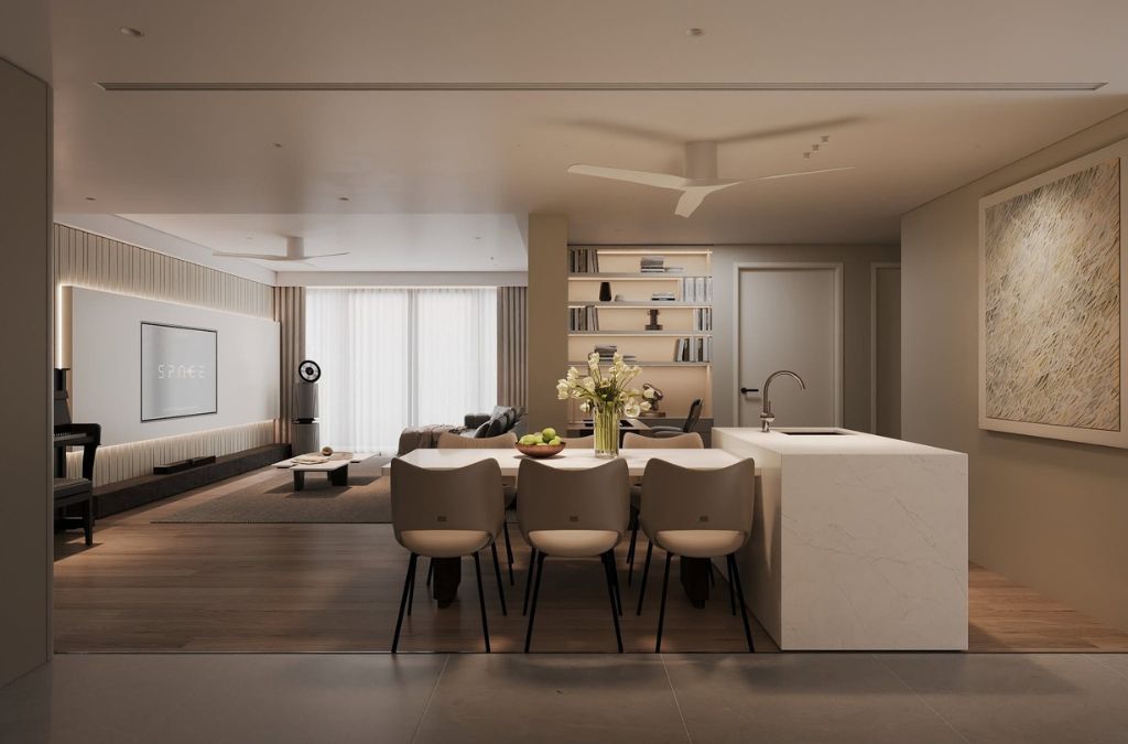 Không gian bếp phong cách Contemporary với đường nét gãy gọn, thoáng đạt